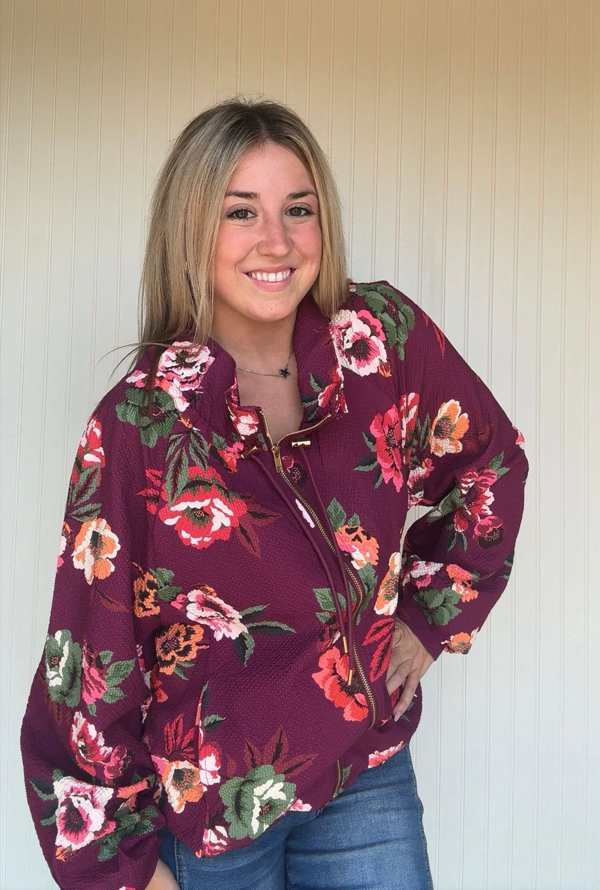 Floral Print Zip Front Drawstring Jacket