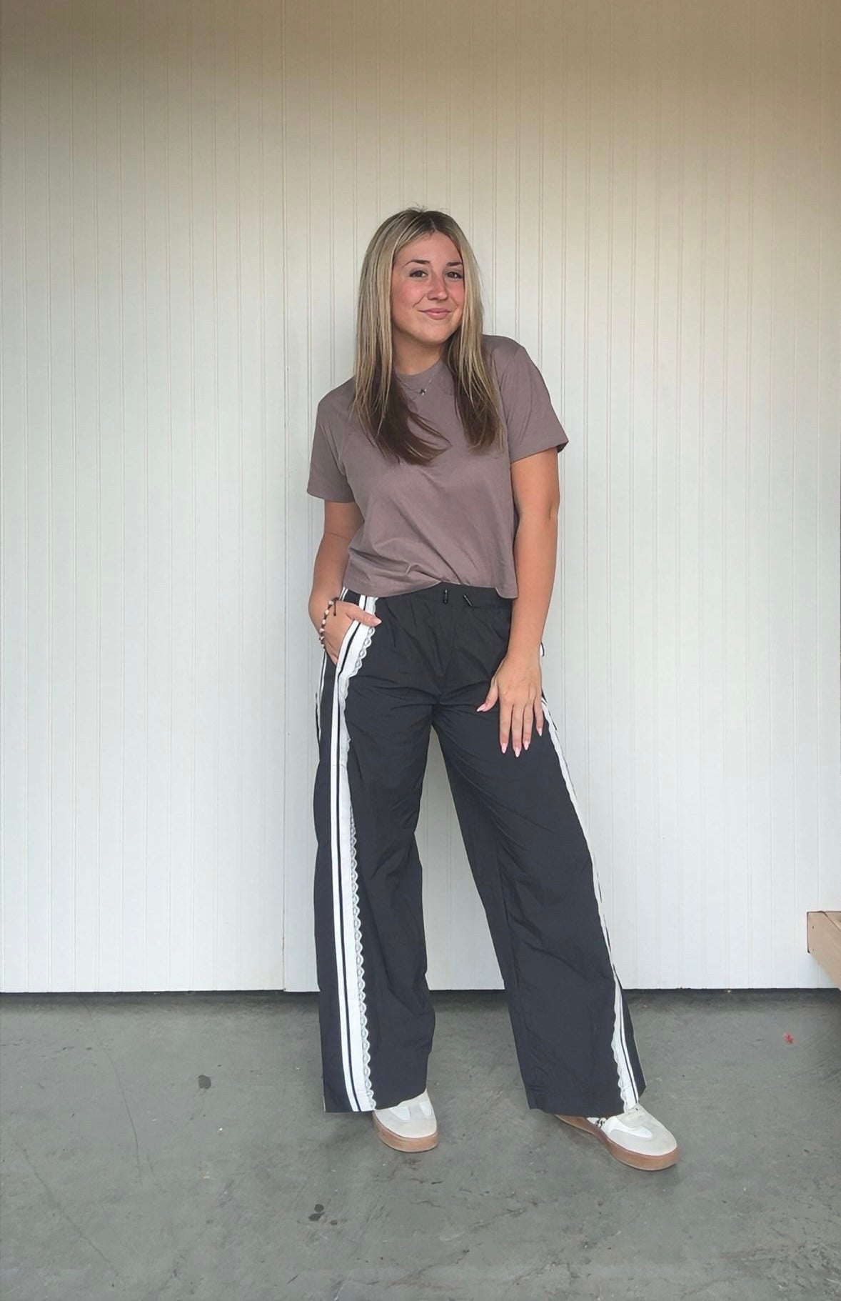 Stripe Nylon Track Pants with Lace detail