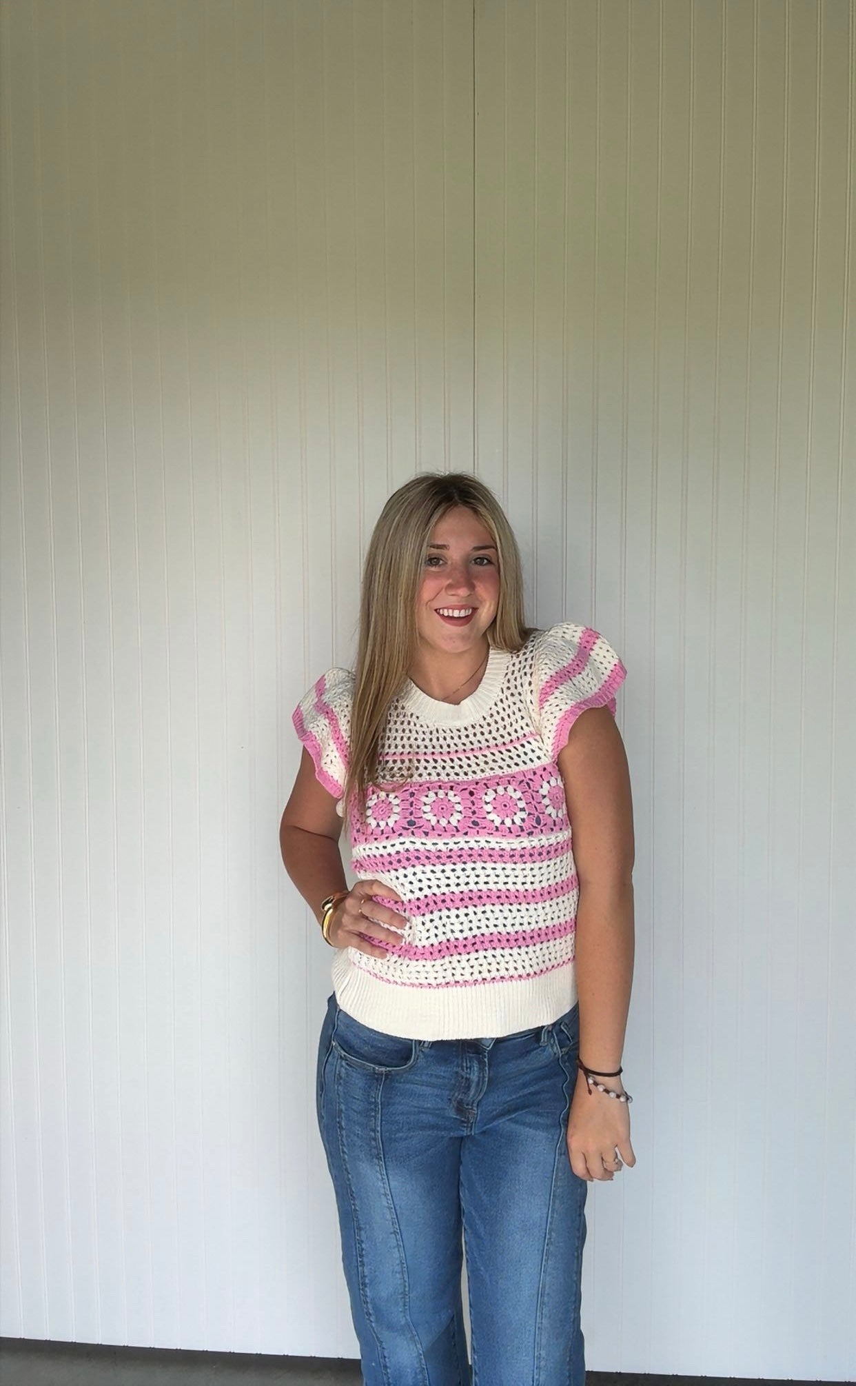 Floral Crochet Short Sleeve Sweater