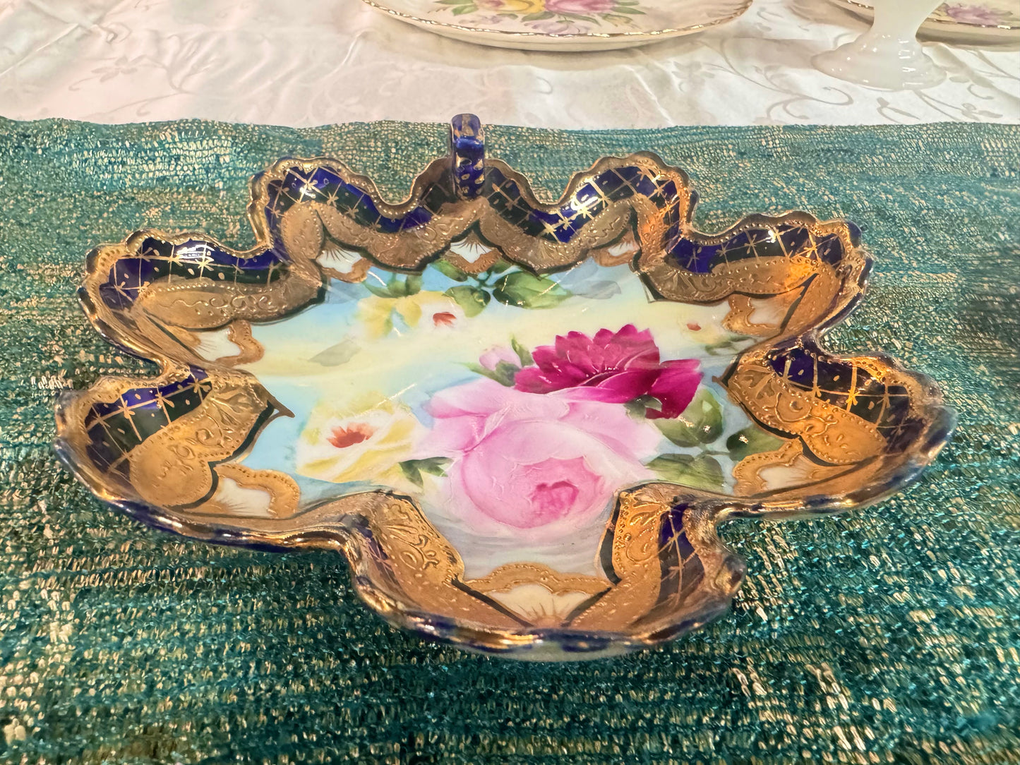 Vtg Hand Painted Ornate Scalloped Painted Dish