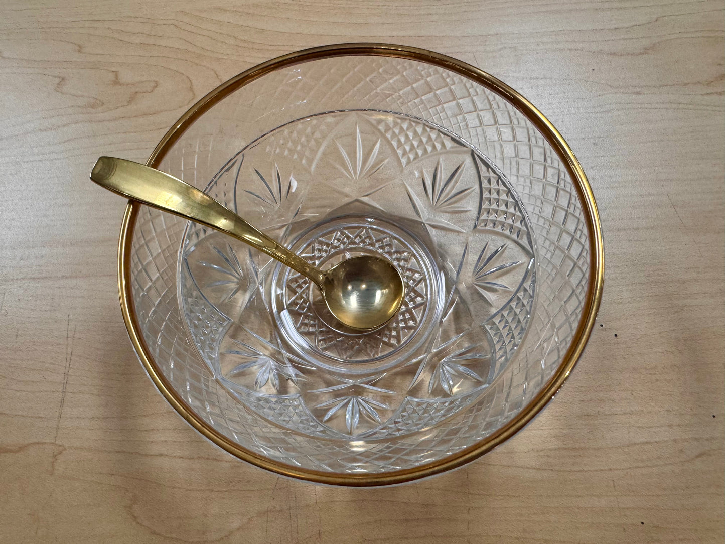 Pressed Glass Condiment Bowl & Gold Spoon