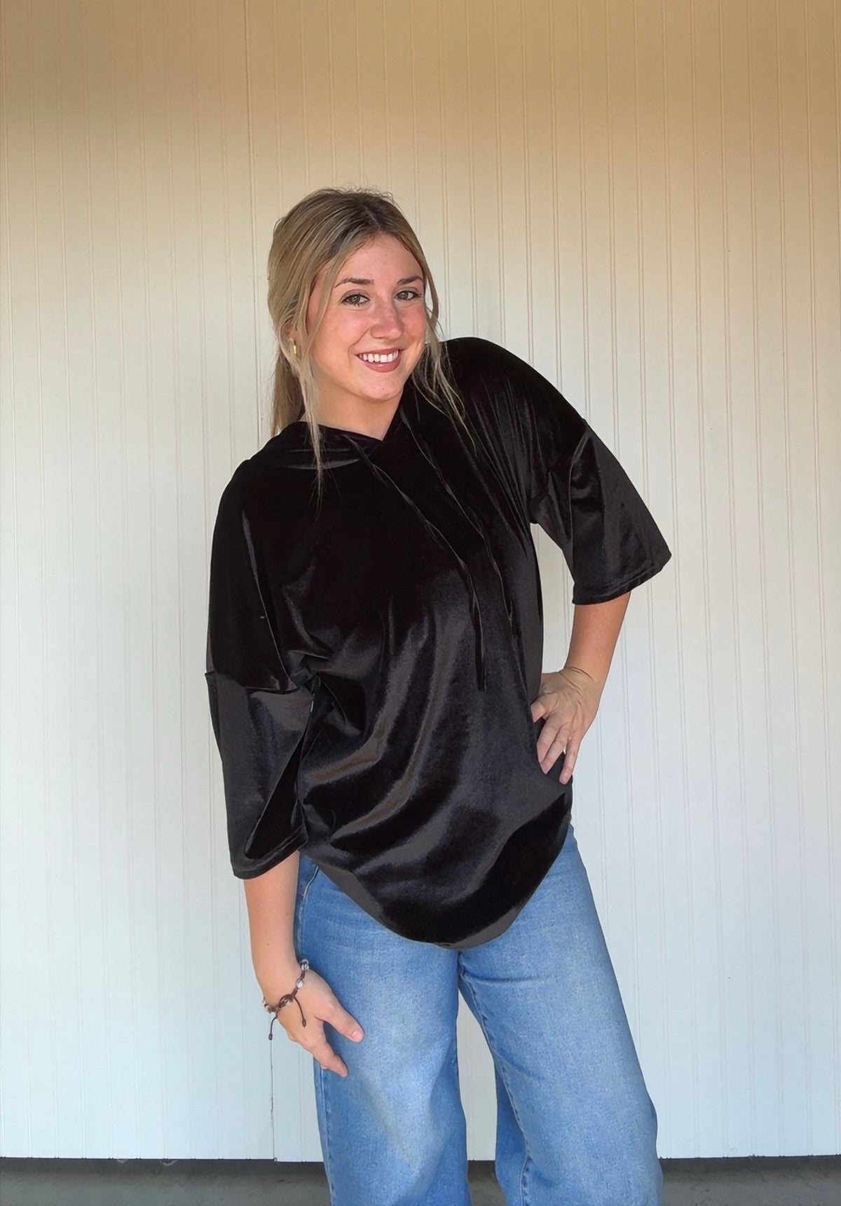 Oversized Hooded 3/4 Sleeve Pullover