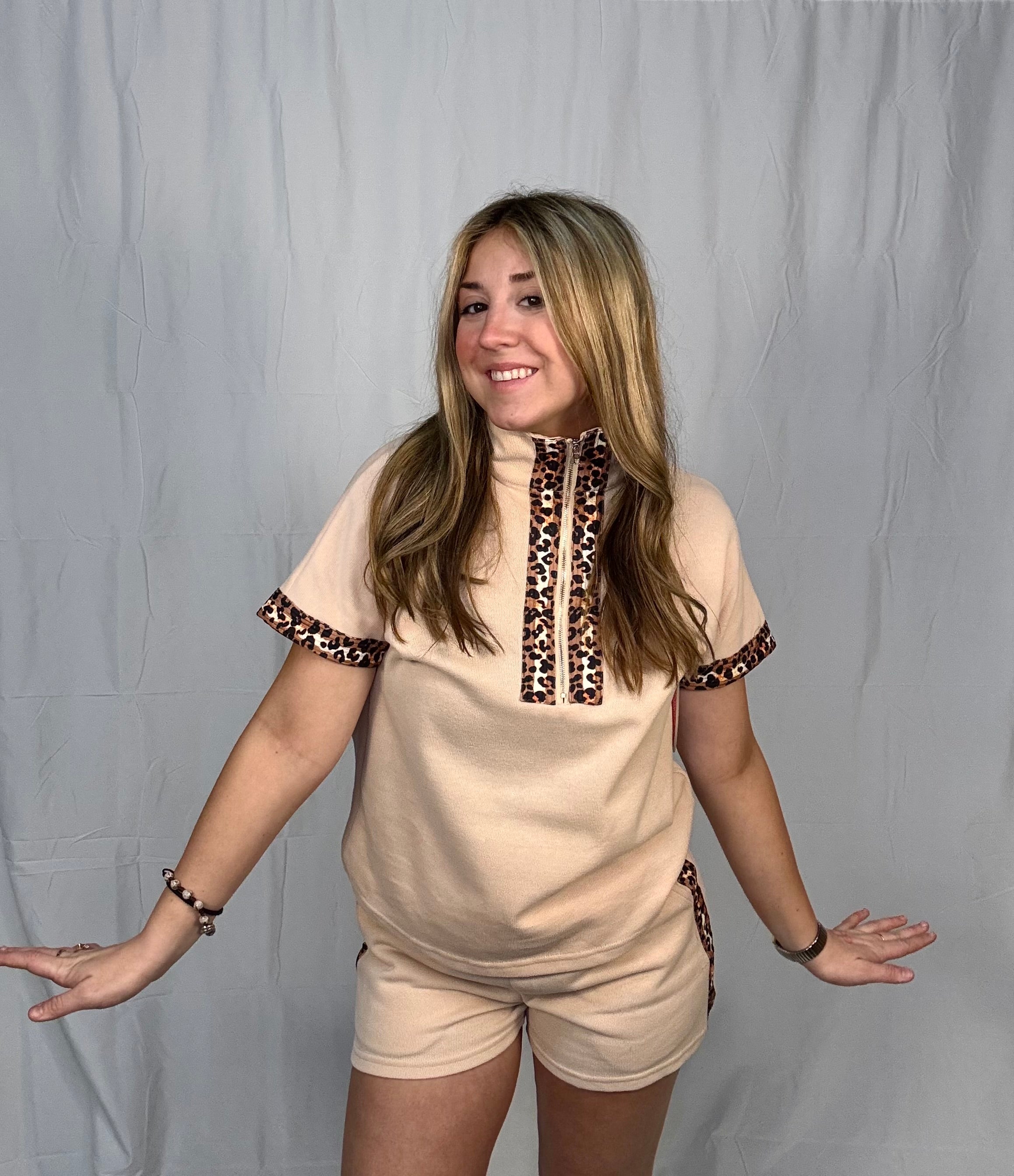 Leopard Trim Zipped Short Set
