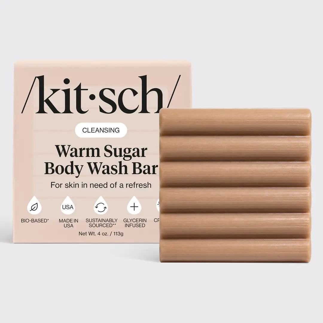 Kit Sch Warm Sugar Body Wash Bar packaging with a bar of soap on a light gray background