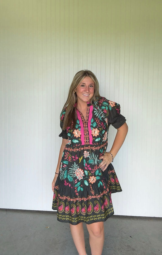 Black Floral Short Dress
