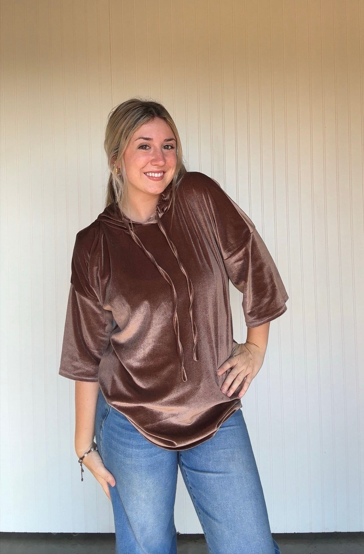 Oversized Hooded 3/4 Sleeve Pullover