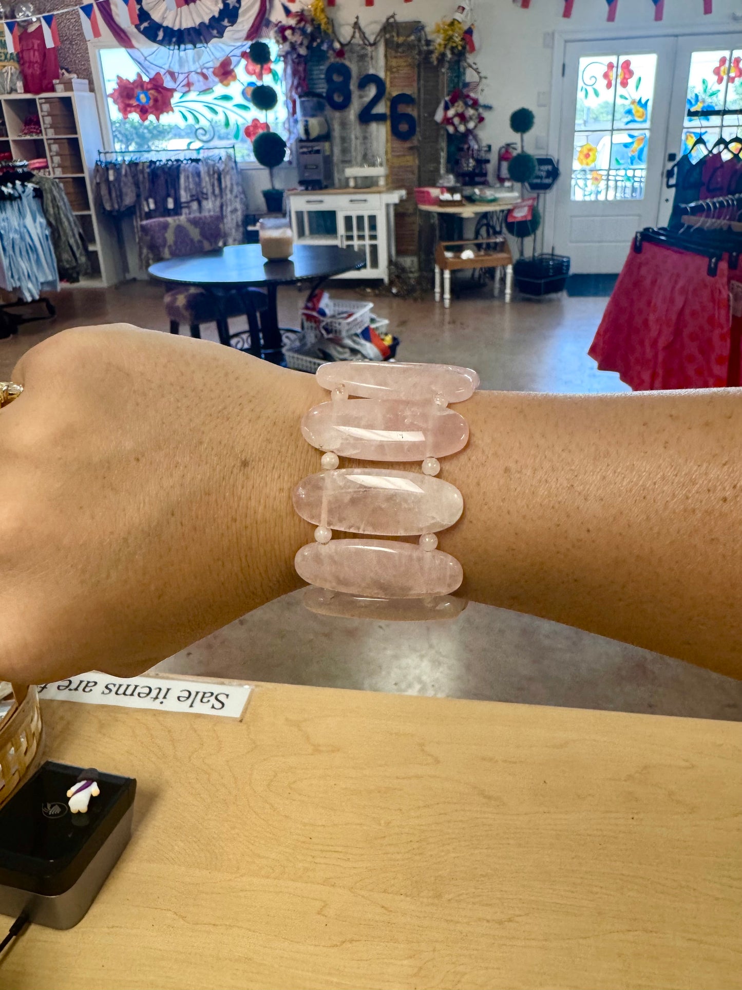 Vtg Polished Rose Quartz Cuff Bracelet
