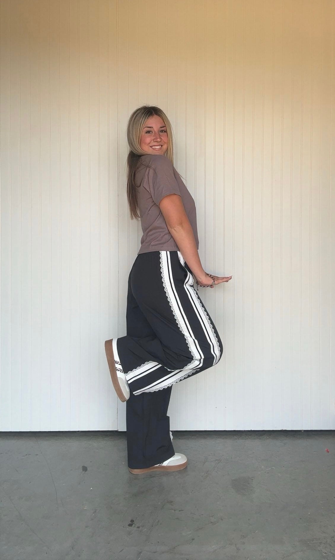 Stripe Nylon Track Pants with Lace detail