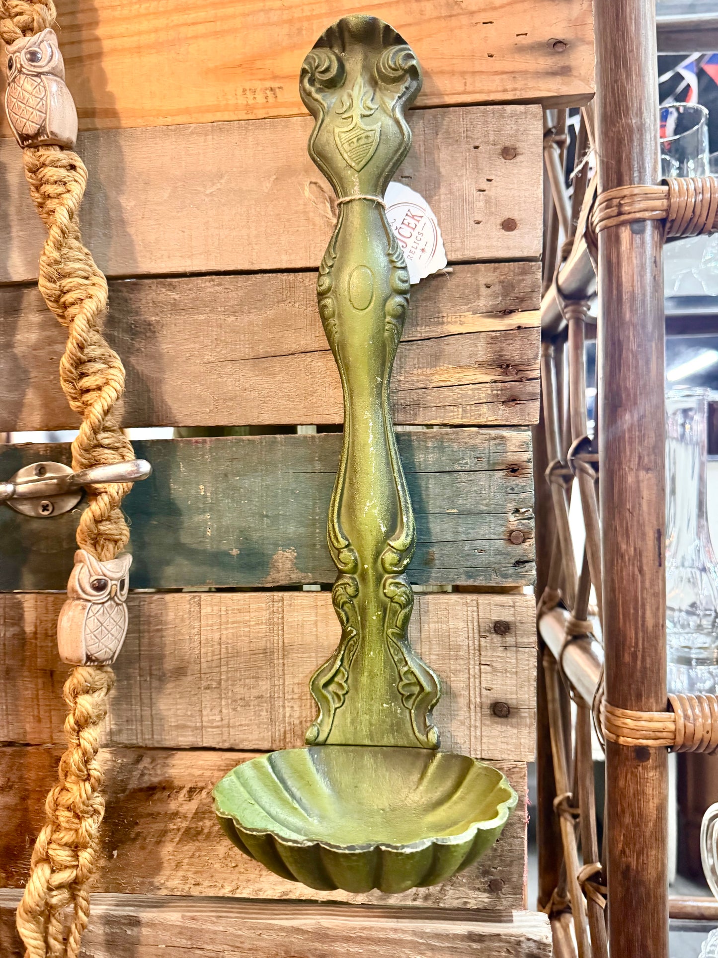 70s Distressed Patina Cast Metal Wall Ladle