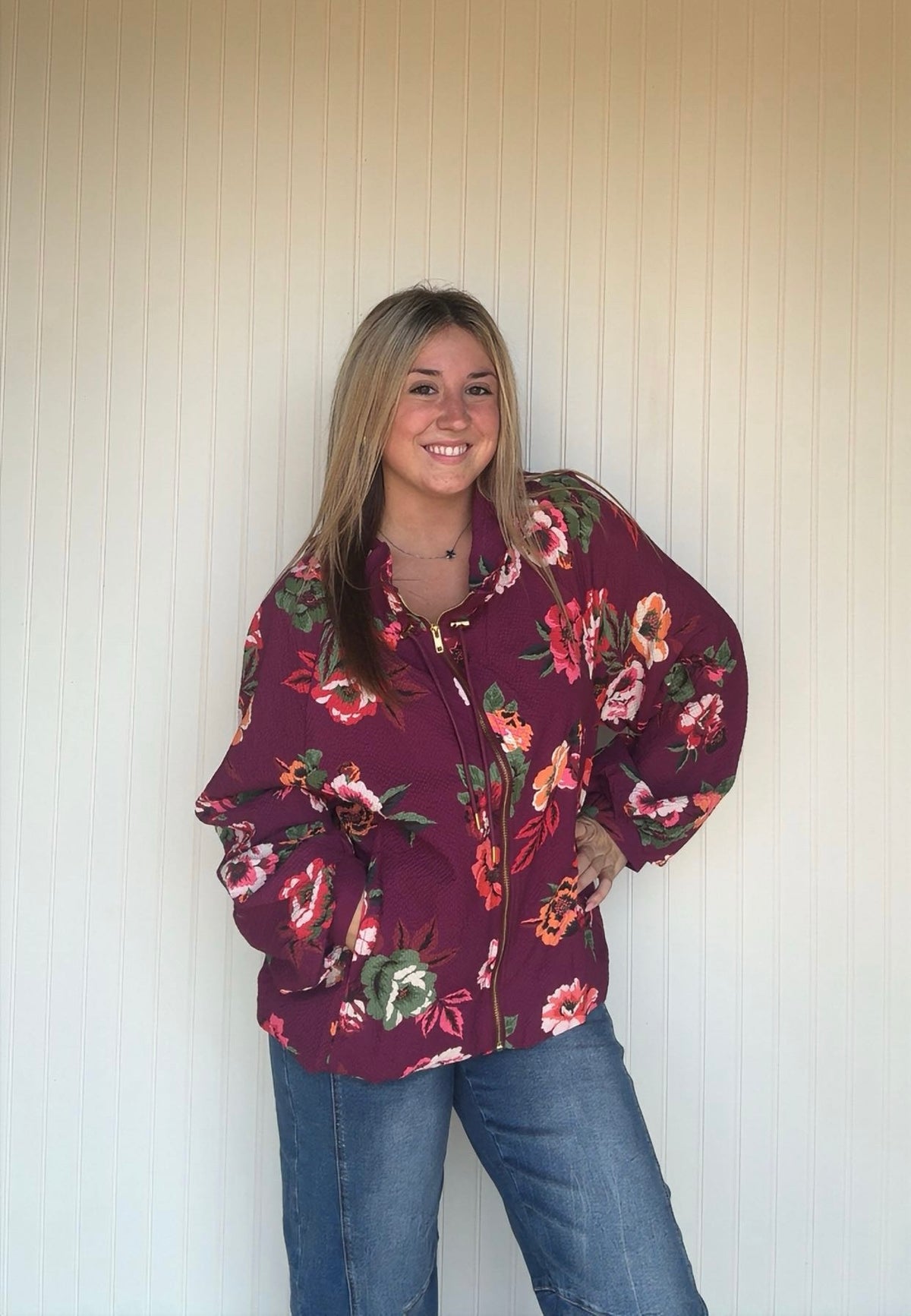Floral Print Zip Front Drawstring Jacket
