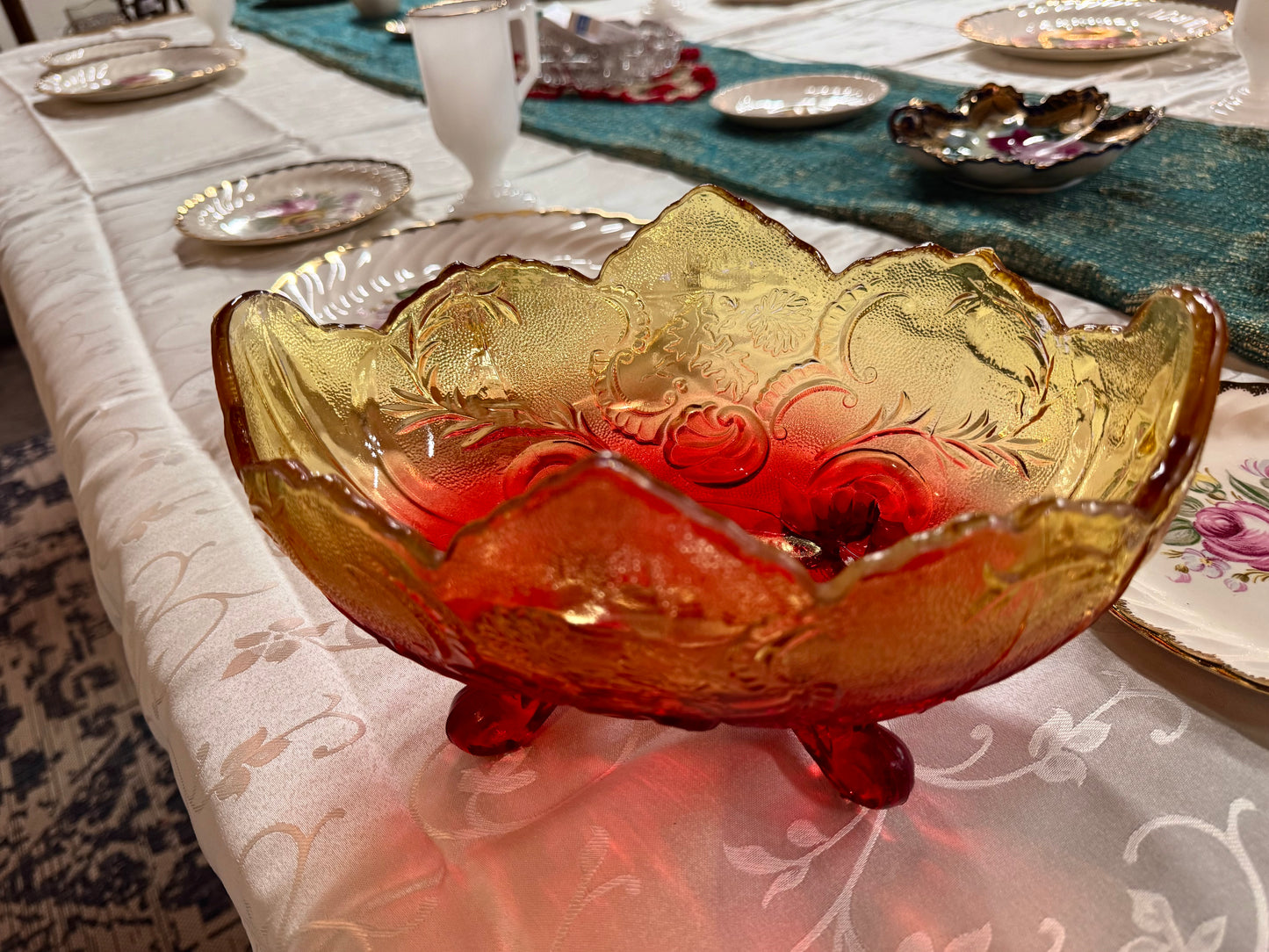 Vintage Jeanette Glass Ornate Footed Bowl