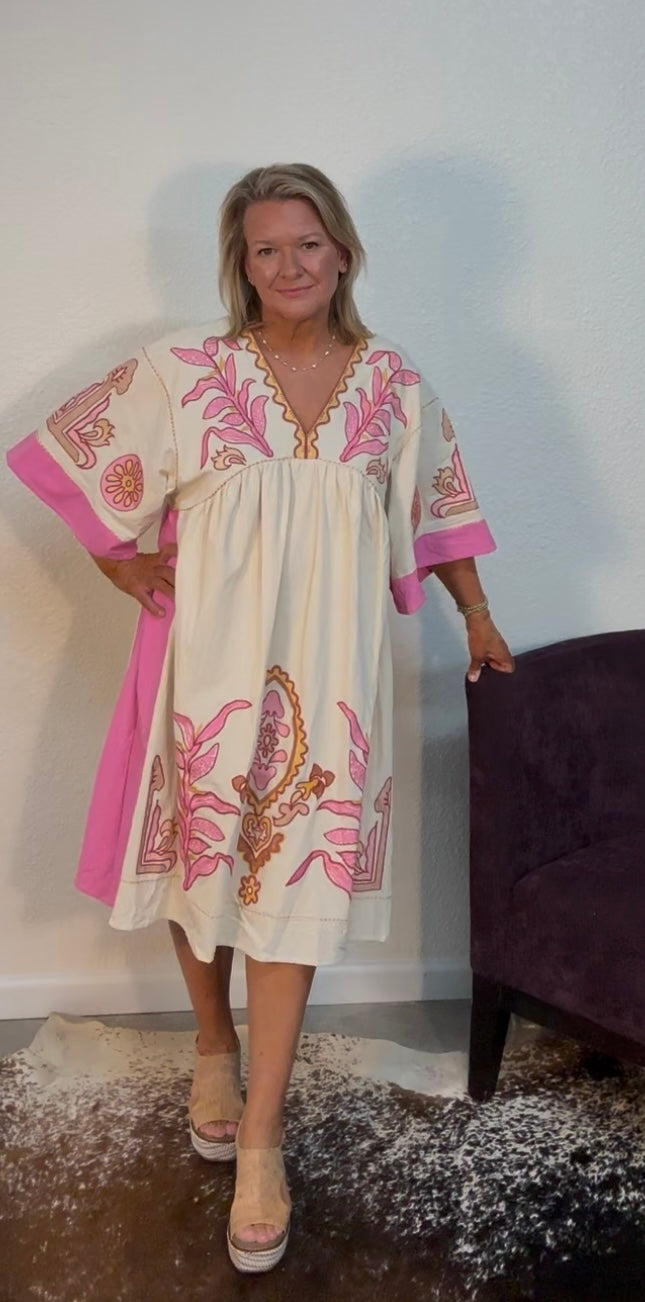Contrast Sleeve Embroidered Dress