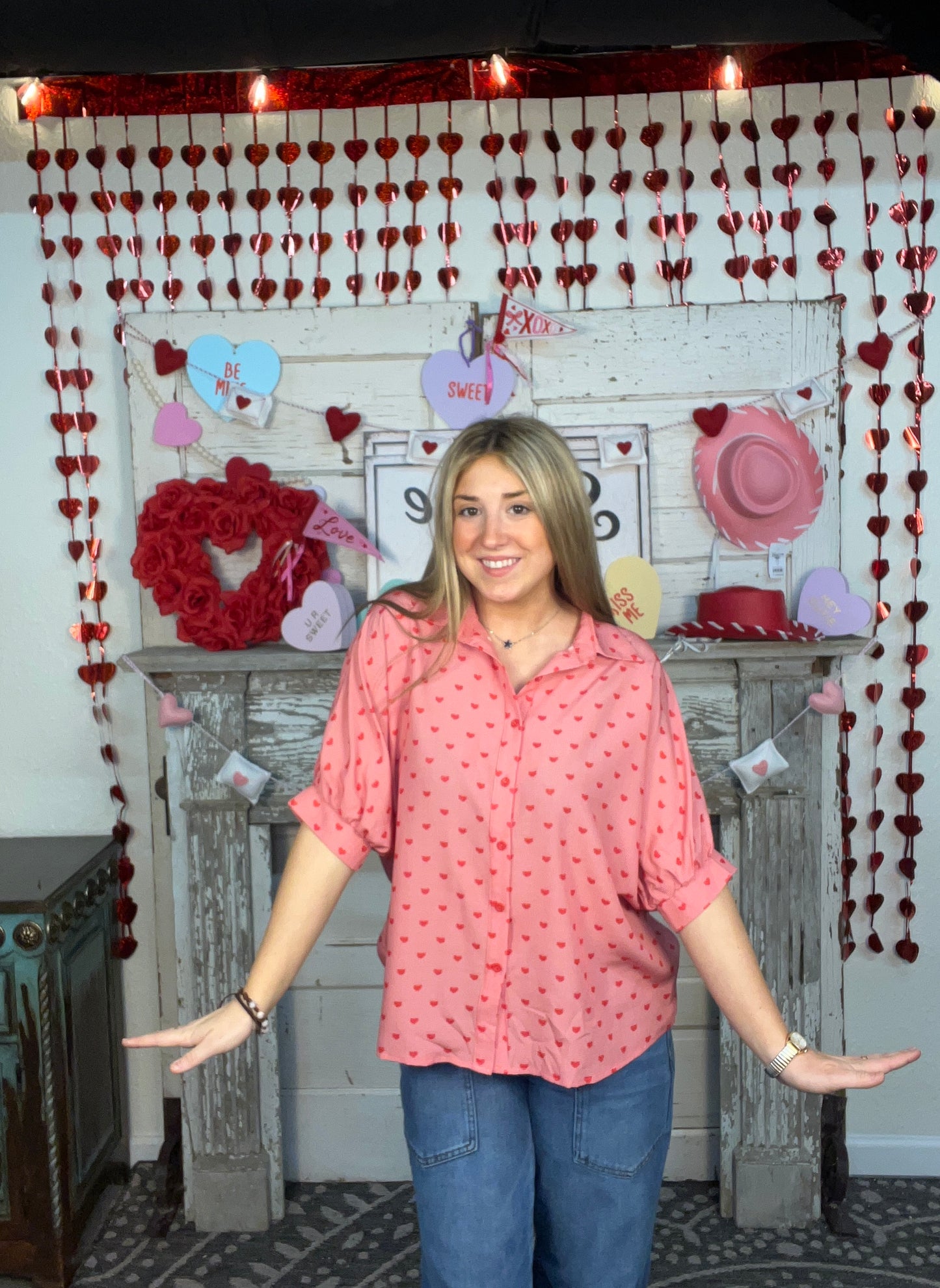 Heart Print Half Sleeve Button Down