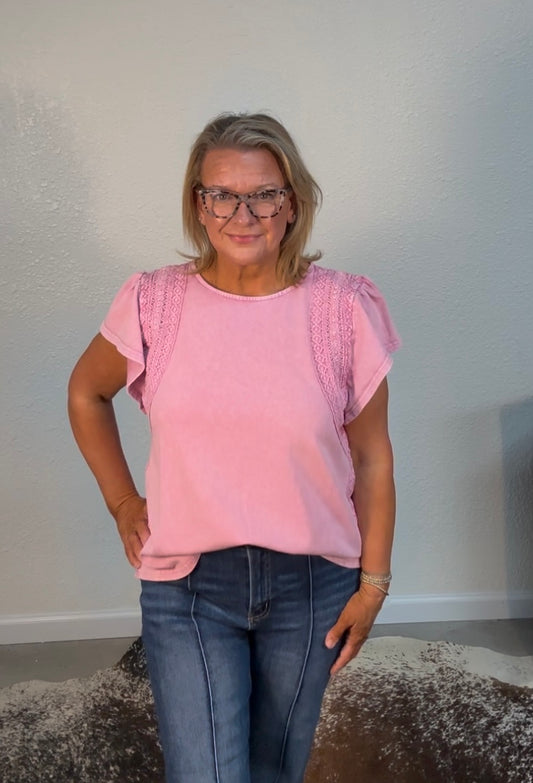 WASHED WING SLEEVES CROCHET TRIM TOP