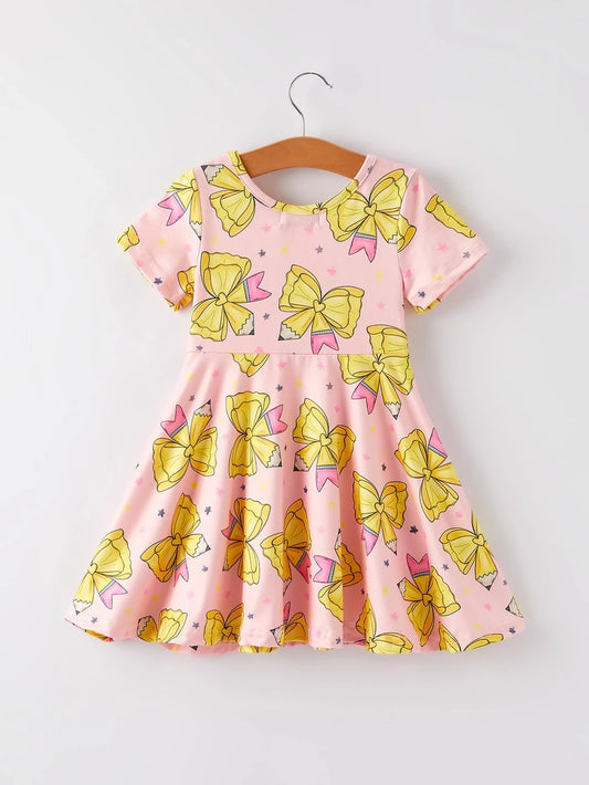 Yellow Bow Print Girls Dress
