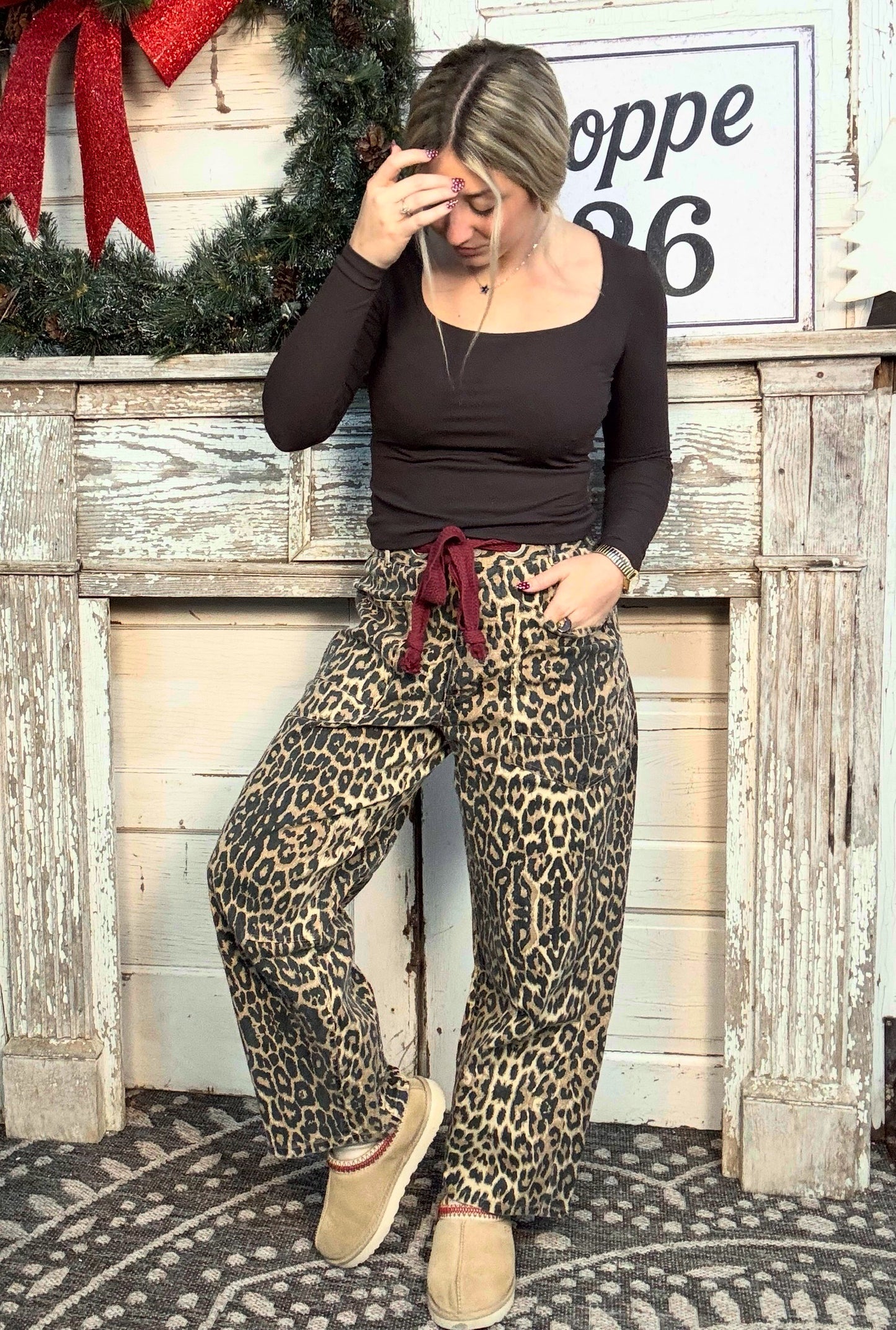 Mineral Washed Leopard Tie Waist Barrel Jeans