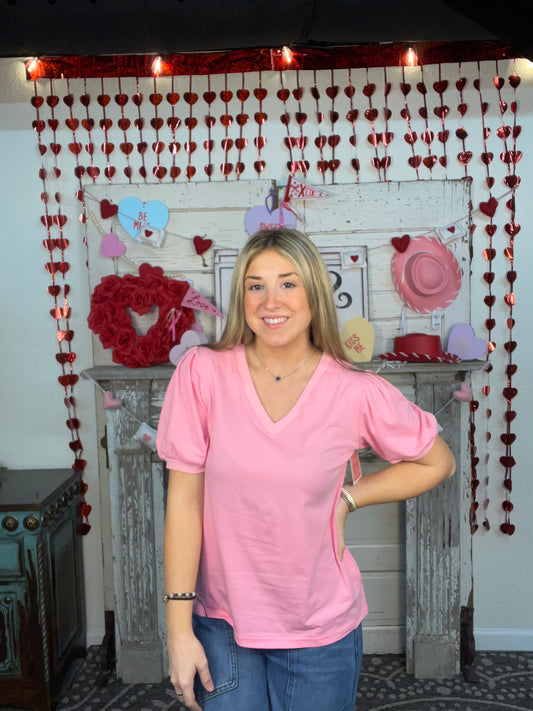 Pink V Neck Puff Sleeve Tee