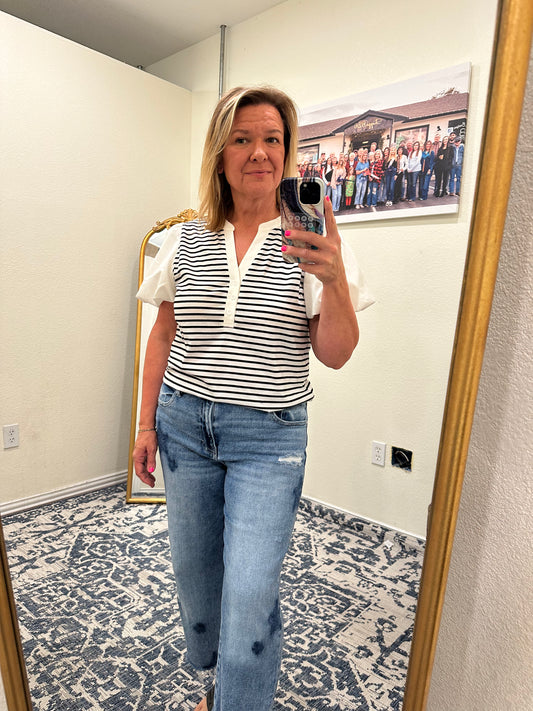 Notched Neck Striped Top