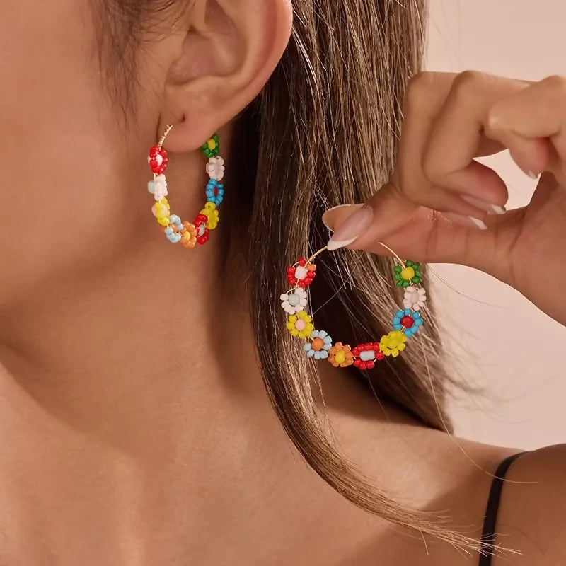 Multi Beaded Daisy Hoop Earrings