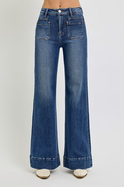 High Rise Wide Flare Patch Patch Pocket Jeans