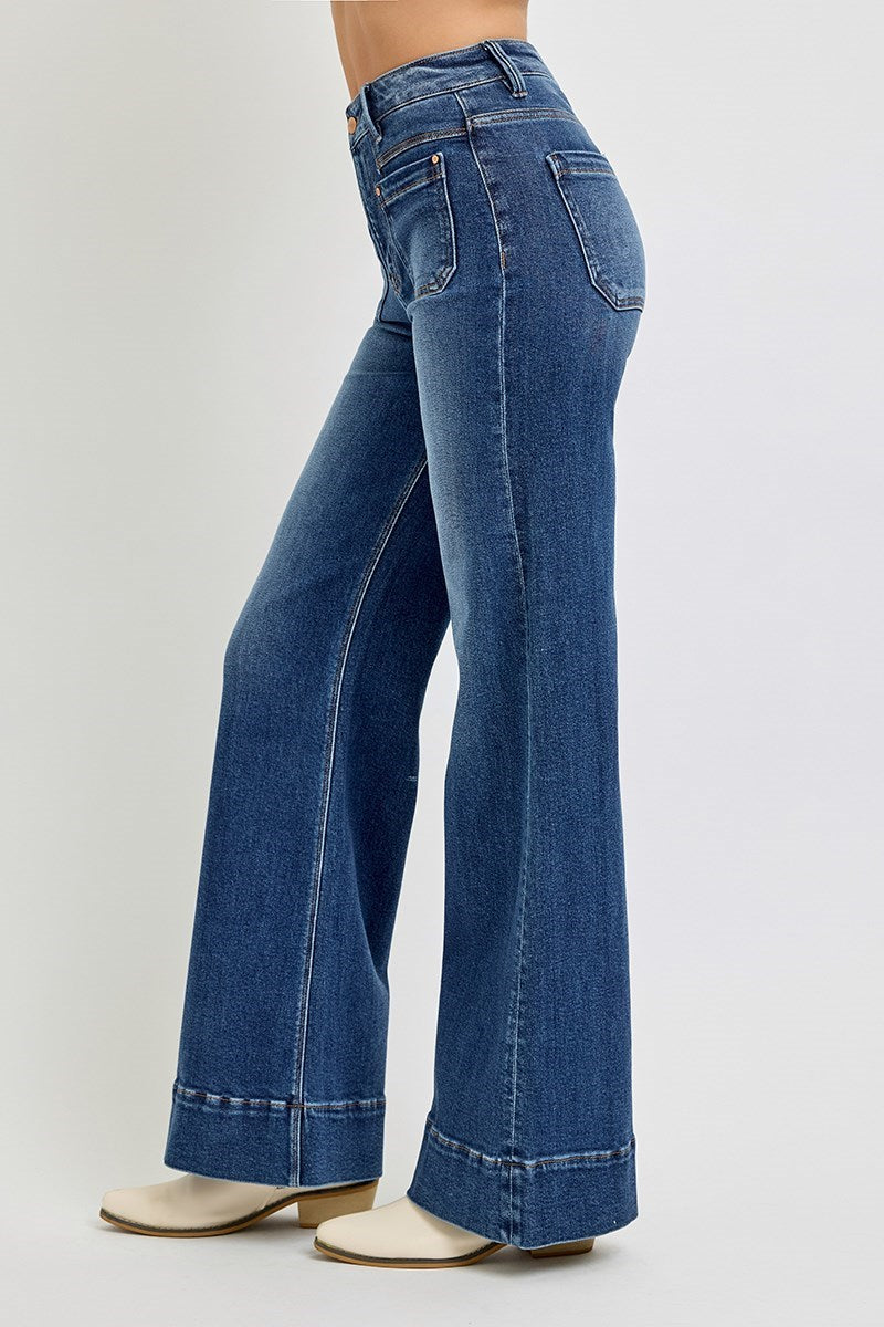 High Rise Wide Flare Patch Patch Pocket Jeans