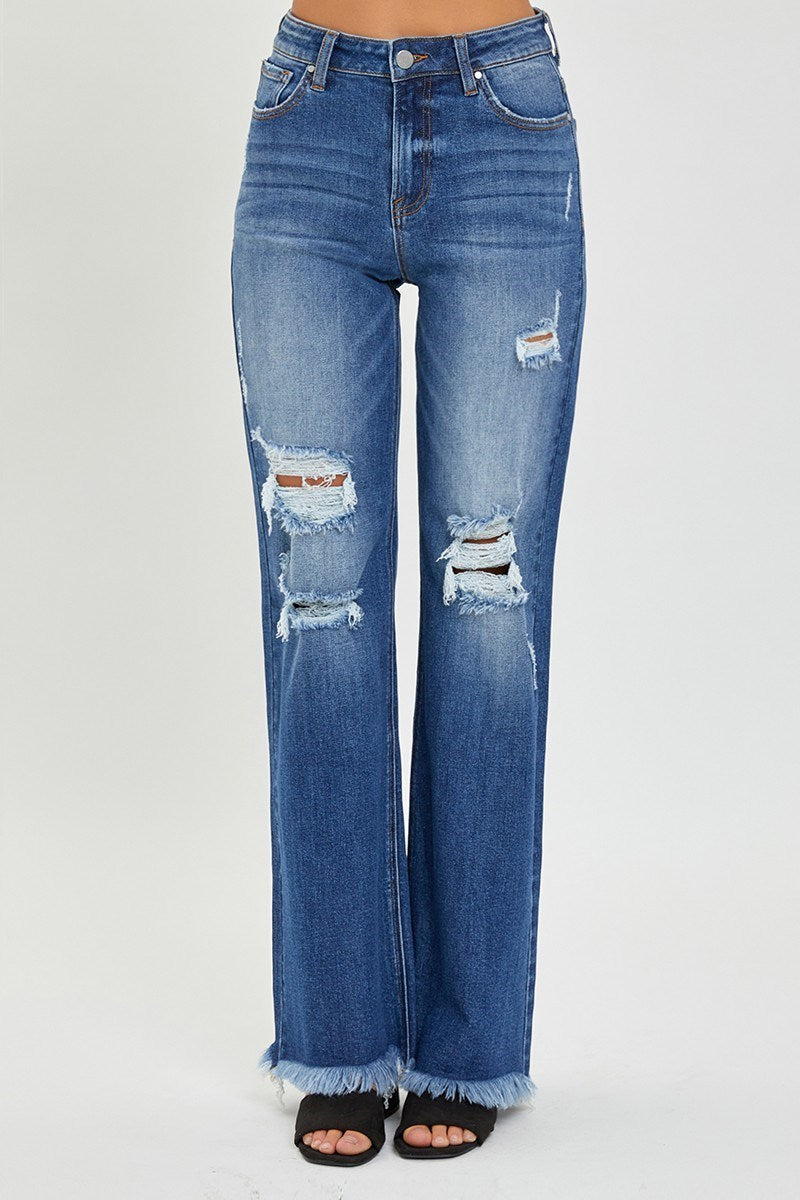 High Rise Knee Distressed Wide Straight Jeans