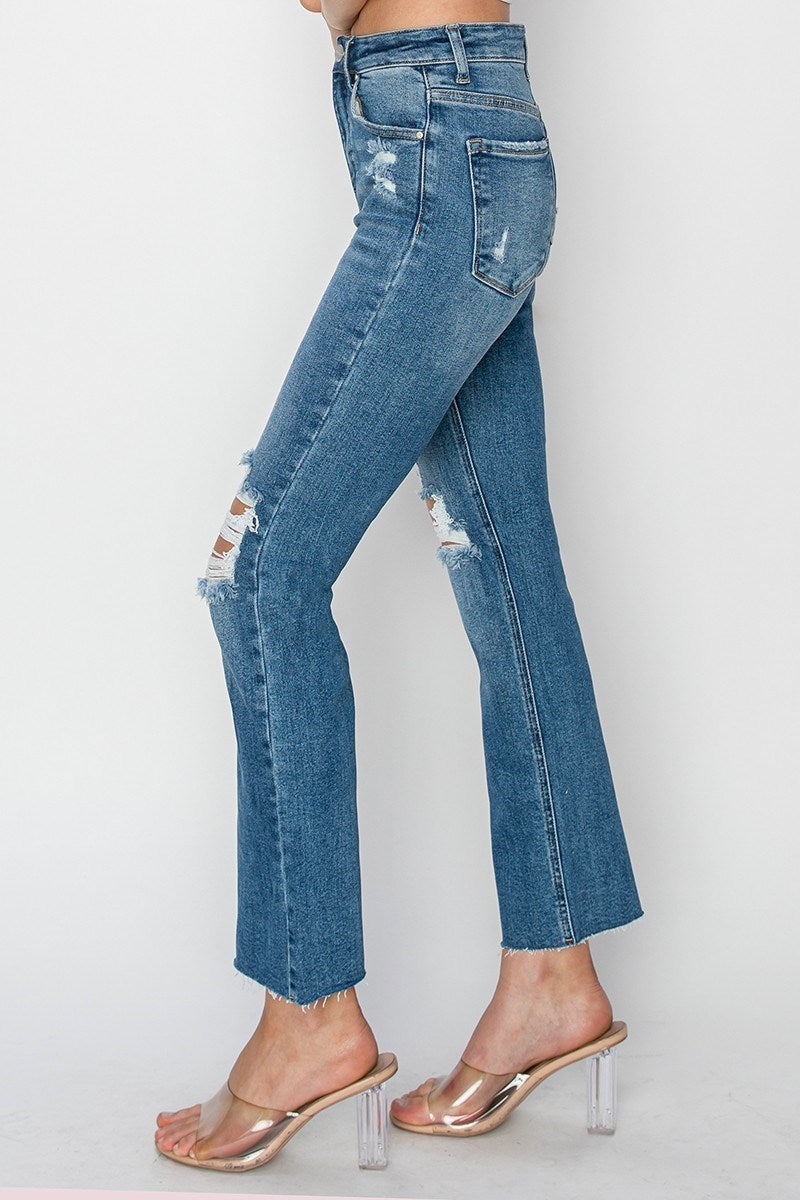 High Rise Knee Distressed Ankle Jeans