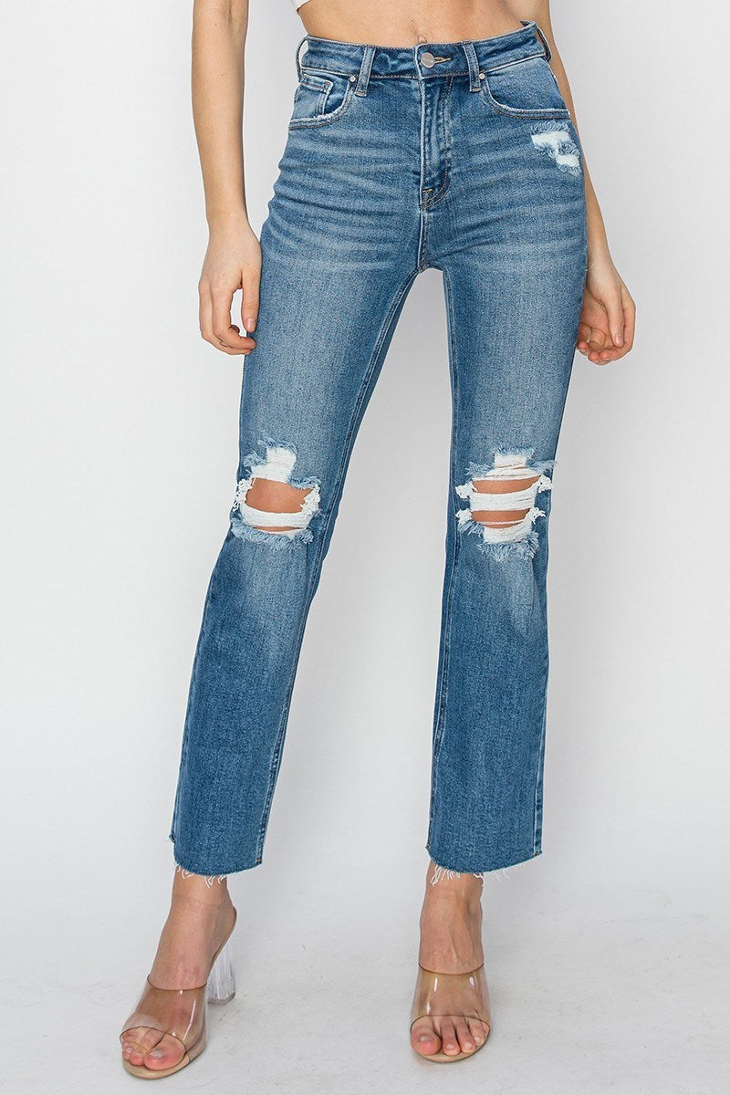 High Rise Knee Distressed Ankle Jeans