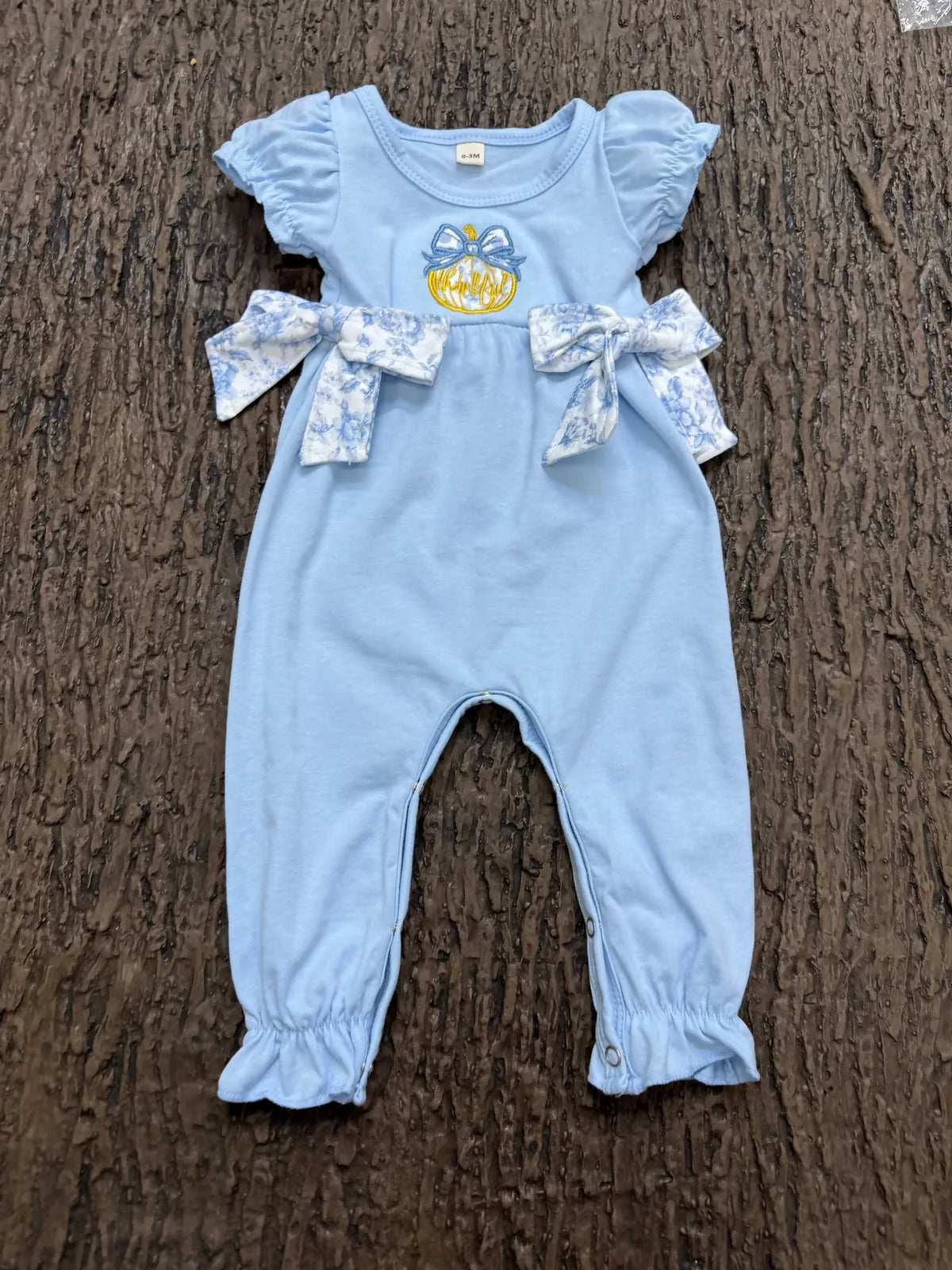 Blue Embroidered Pumpkin Baby Romper