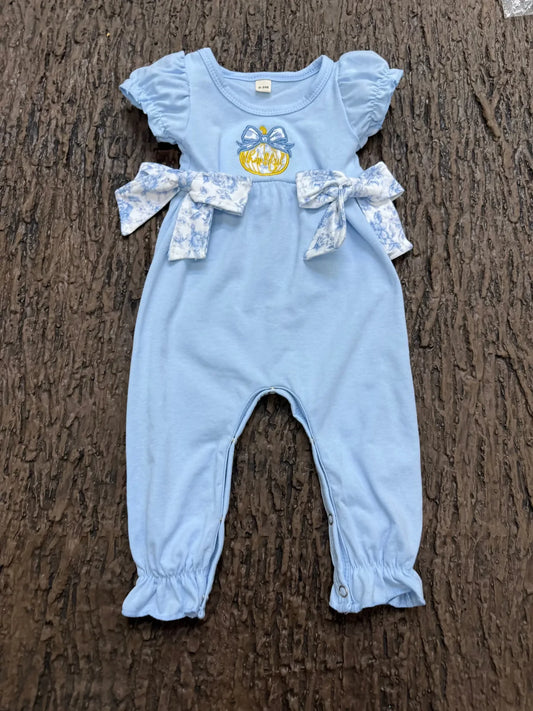 Blue Embroidered Pumpkin Baby Romper