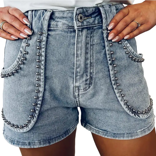 Studded Acid Wash Jean Shorts