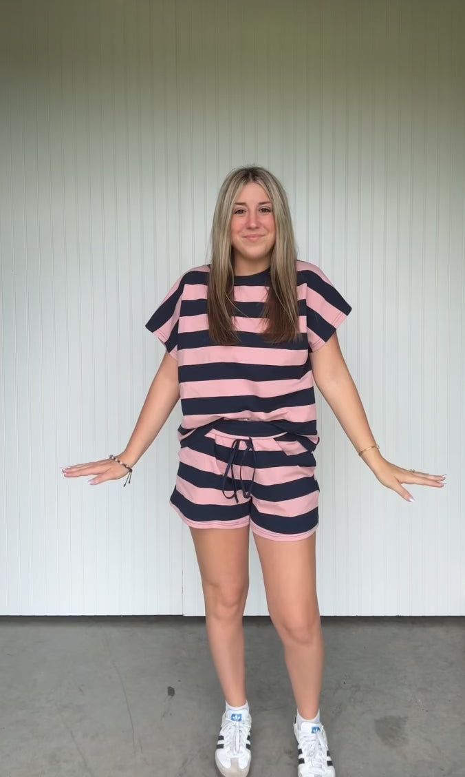 Striped French Terry Casual Knit Top & Shorts Set