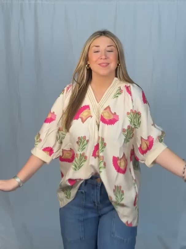 Fuchsia Floral V Neck