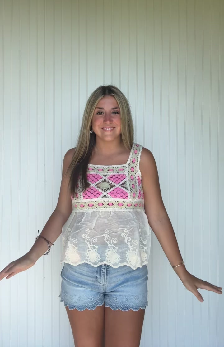 Embroidered Peplum Crochet Tank