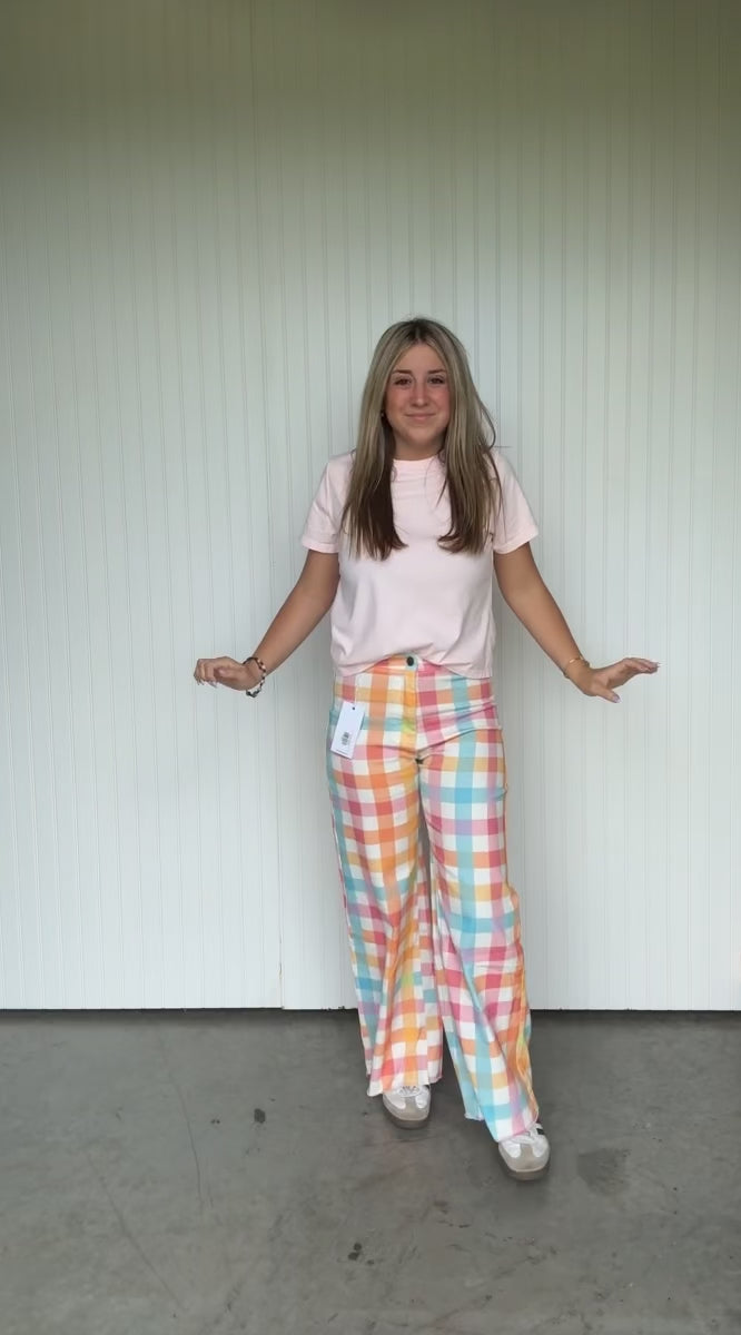Comfort Stretch Pastel Gingham Wide Leg Jean