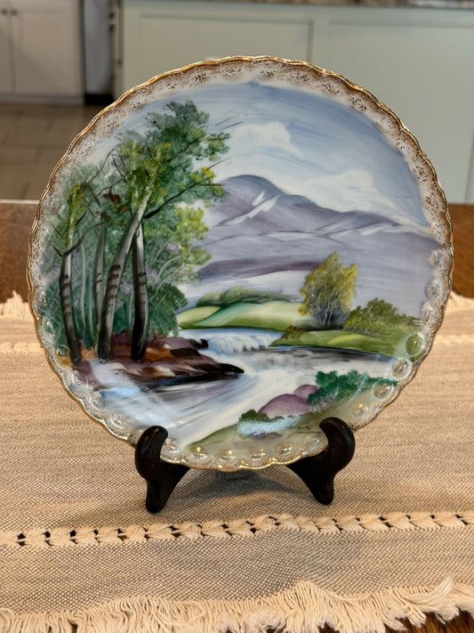 Hand painted countryside scene plate