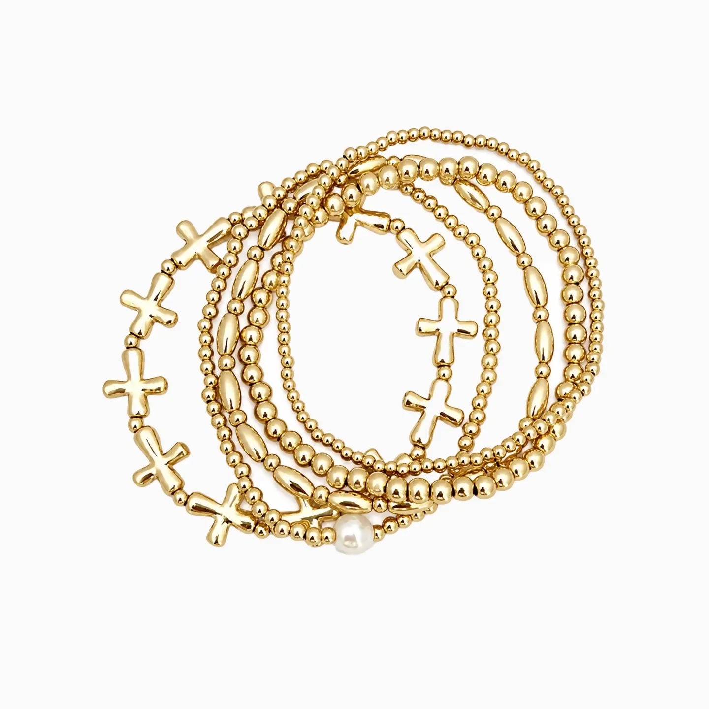 Cross & Pearl 5-Piece Stretch Bracelet Set