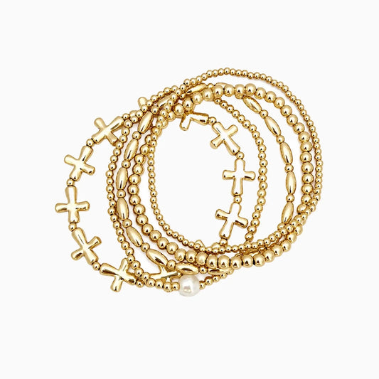 Cross & Pearl 5-Piece Stretch Bracelet Set