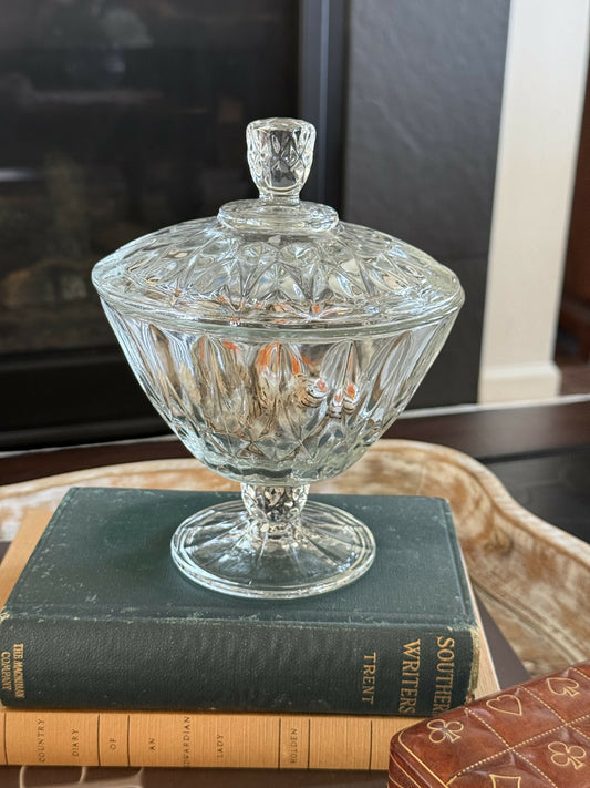 Glass pedestal candy dish with lid